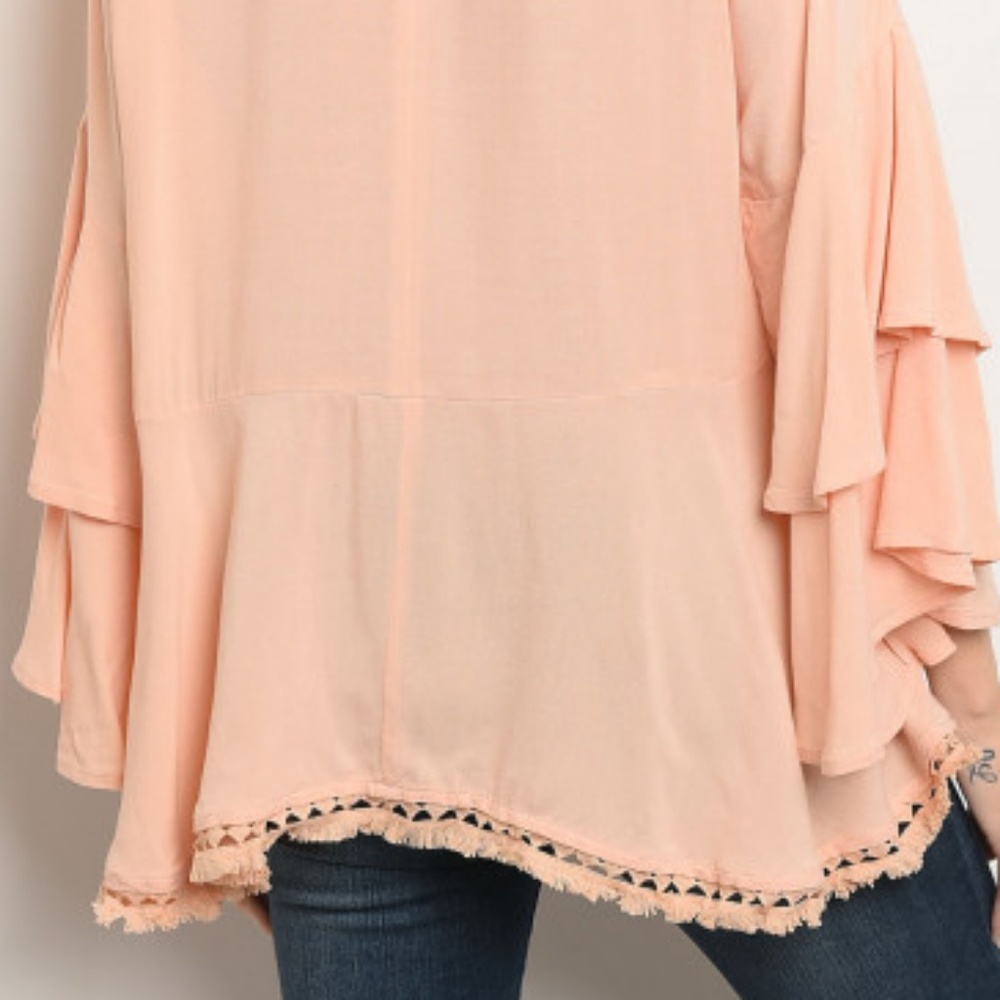 Very J Swing Ruffle Sleeve Top Fringe Trim Peach - Picture 4 of 4